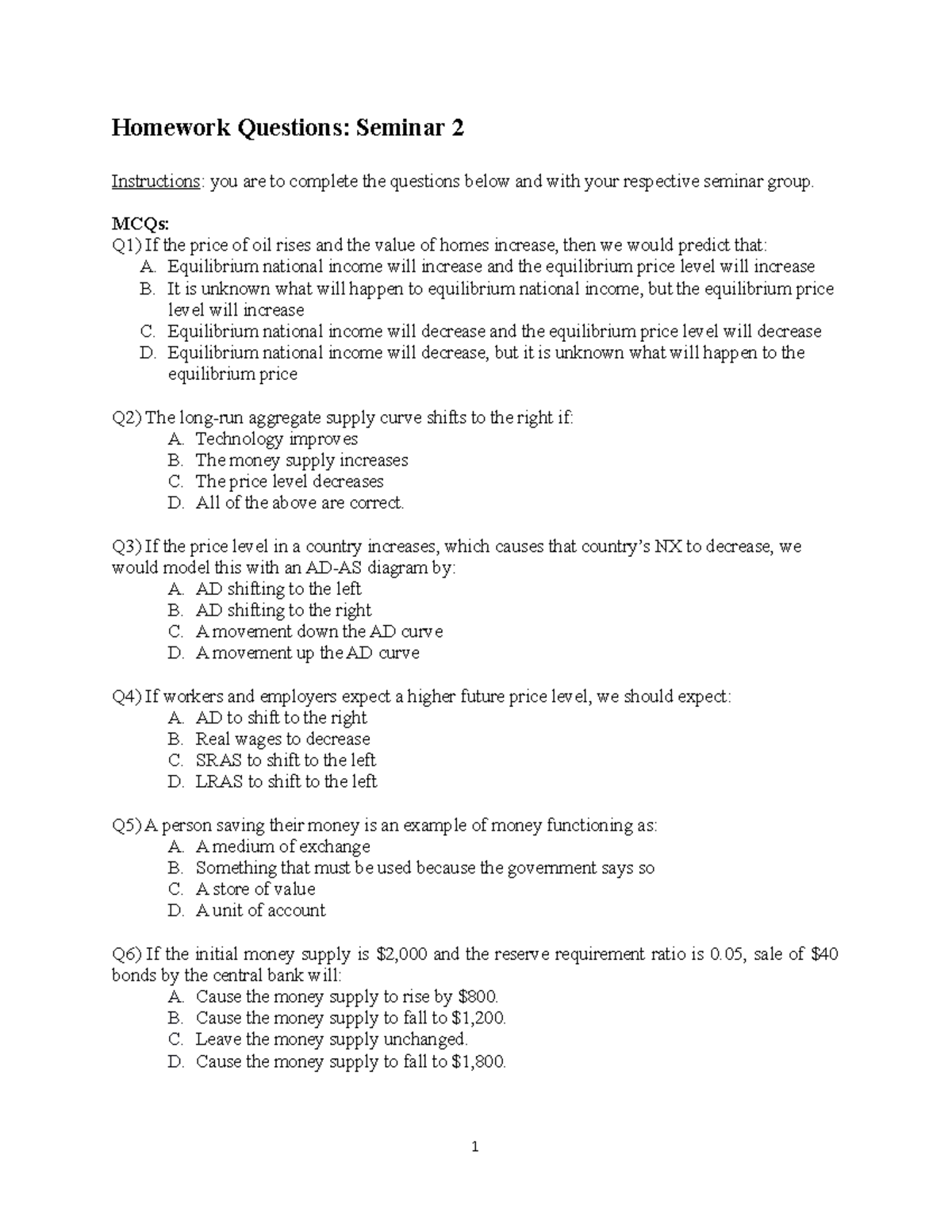 Seminar 2 - Questions - Homework Questions: Seminar 2 Instructions: you ...