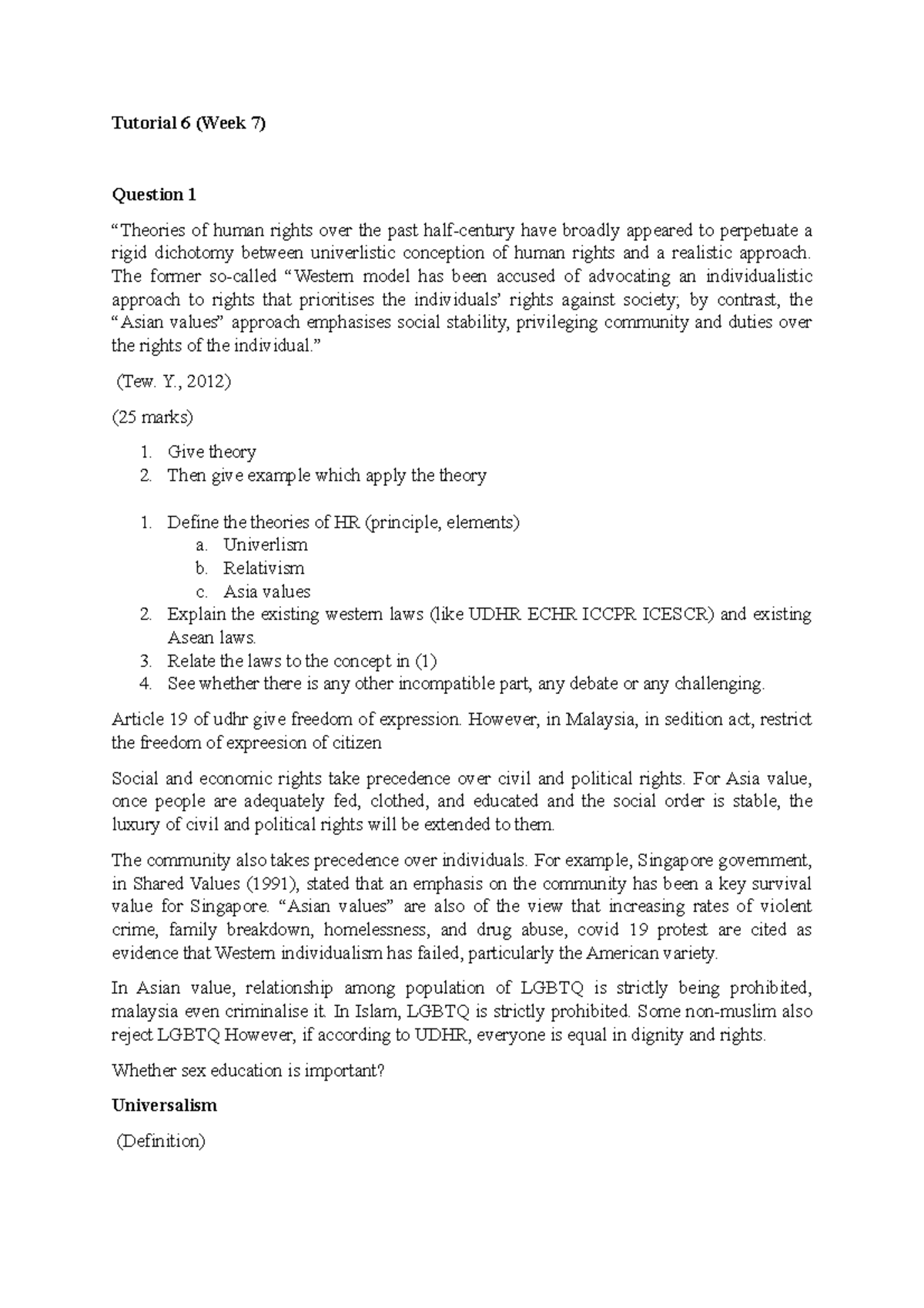 Human Right Law Tutorial 6 Week 7 - MMU - Studocu