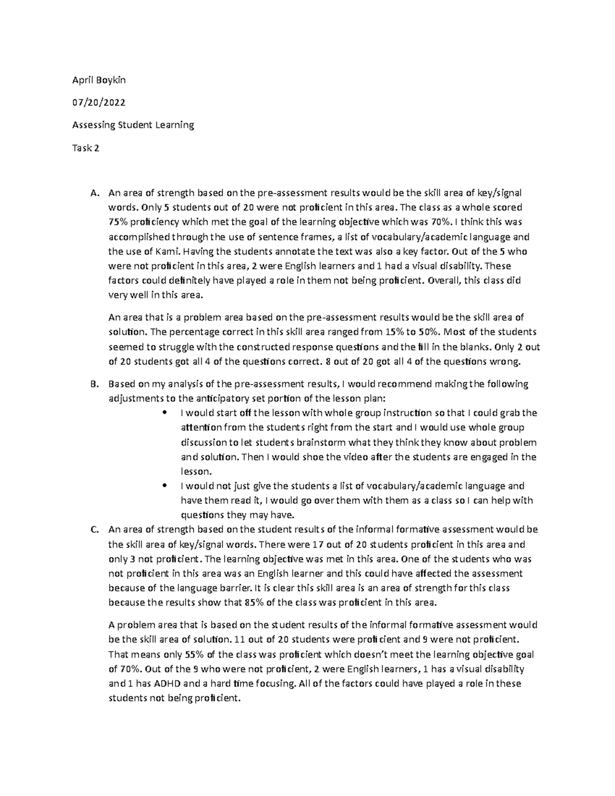 Assessing Student Learning Task 2 - April Boykin 07/20/ Assessing ...