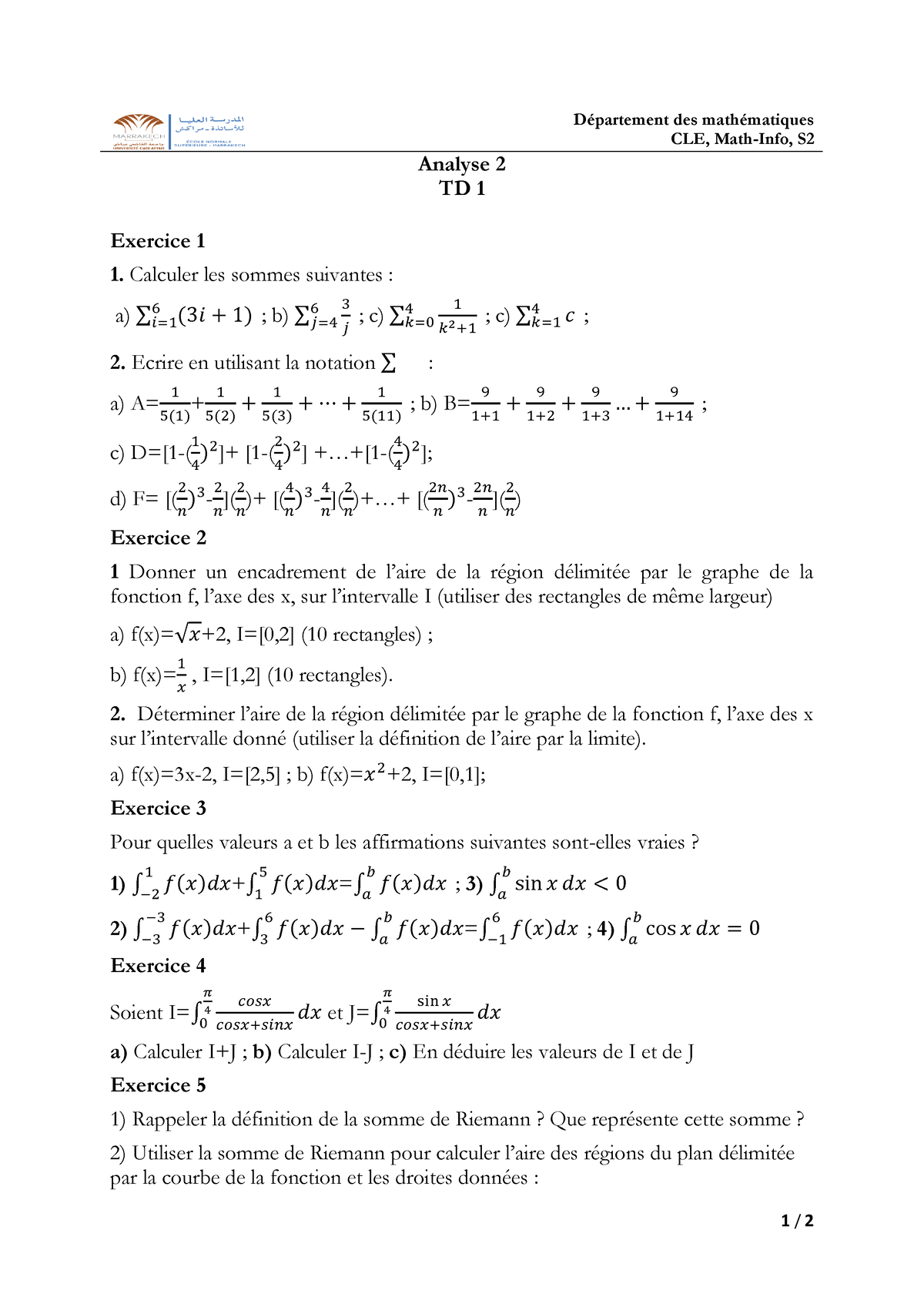 TD1 De Analyse 2 - 1 / 2 Département Des Mathématiques CLE, Math-Info ...