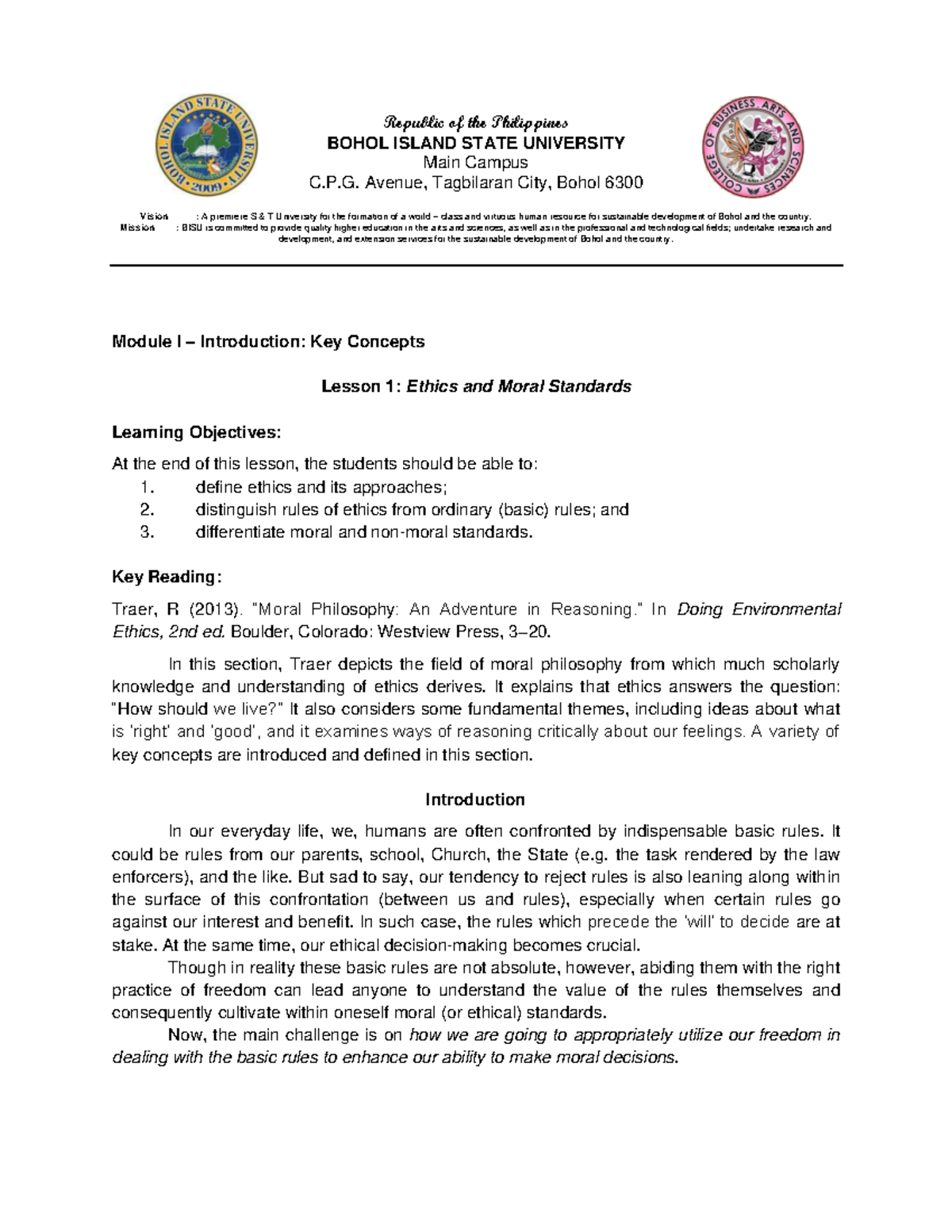 Ethics-Module Lesson 1 - Republic of the Philippines BOHOL ISLAND STATE ...