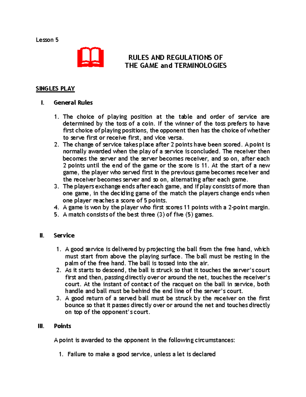 Rules and Regulations of the Game and Terminologies Lesson 5 SINGLES