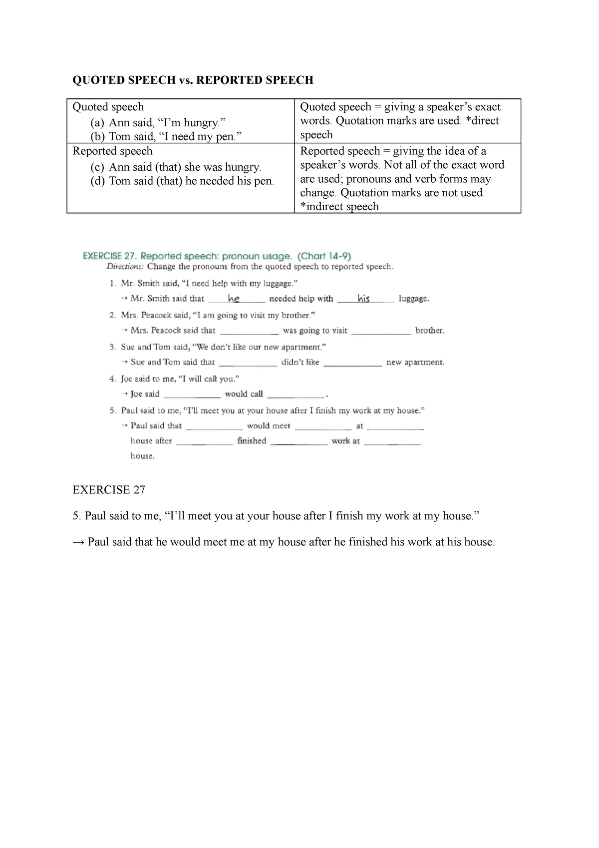 grammar worksheet quoted speech