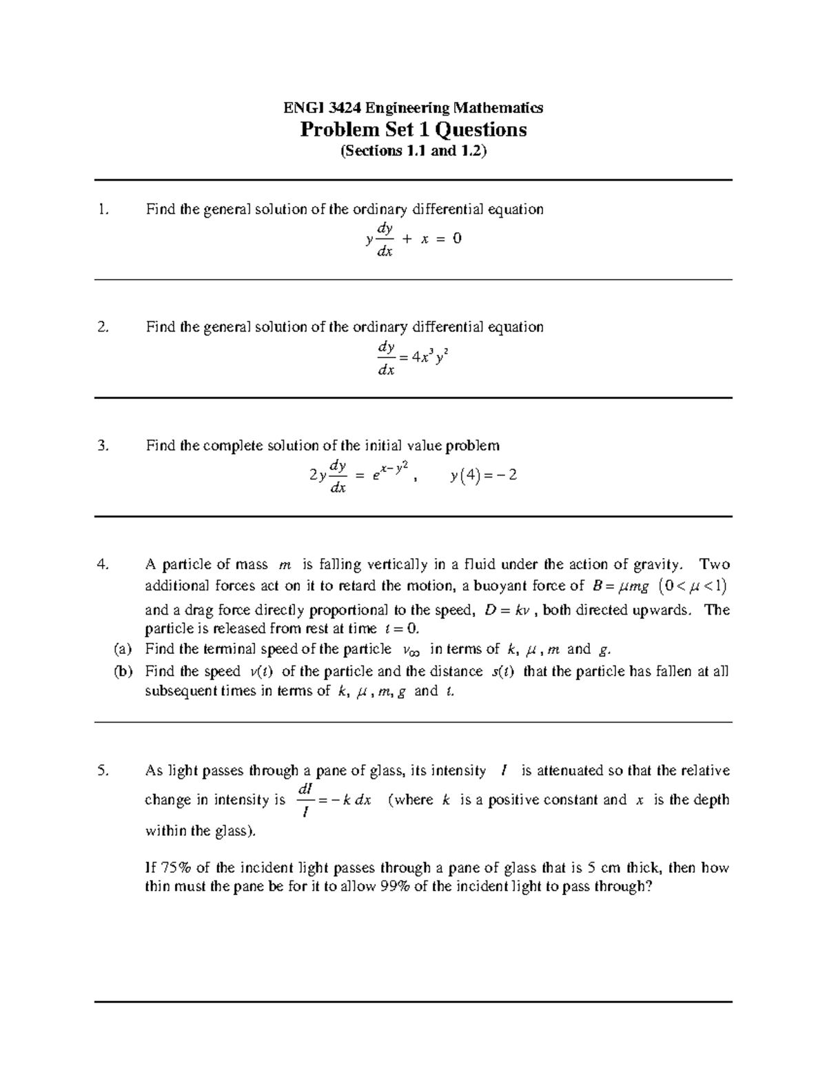 Seminar assignments - Problem set 1 - 10 questions - no answer - ENGI ...