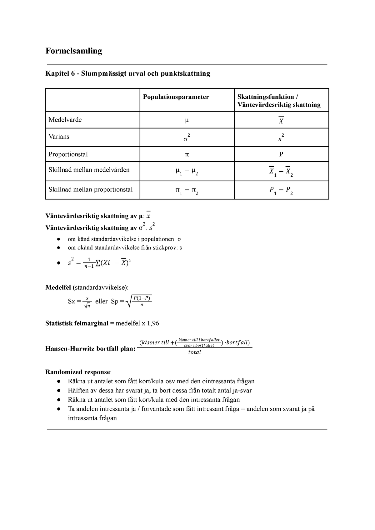 Statistik Delkurs 2 Formelsamling - Formelsamling Kapitel 6 ...