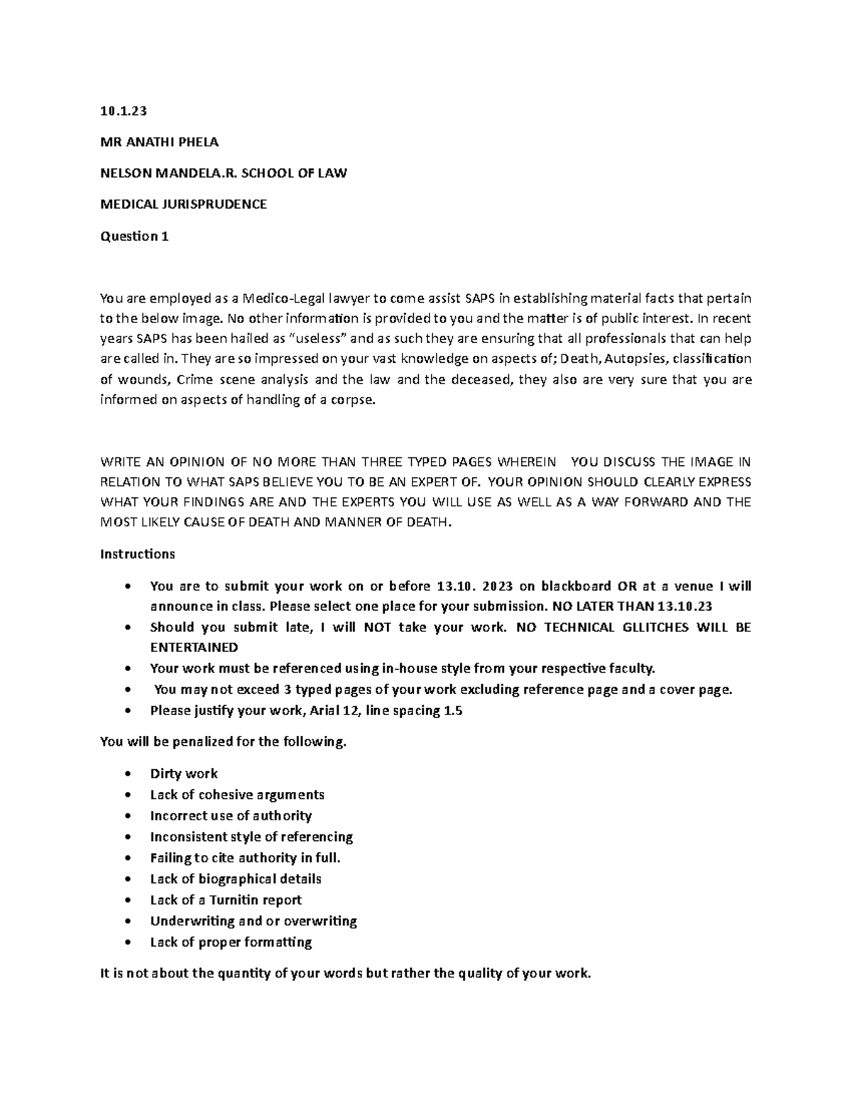 Medical law Assigment 2023 10. MR ANATHI PHELA NELSON MANDELA. SCHOOL