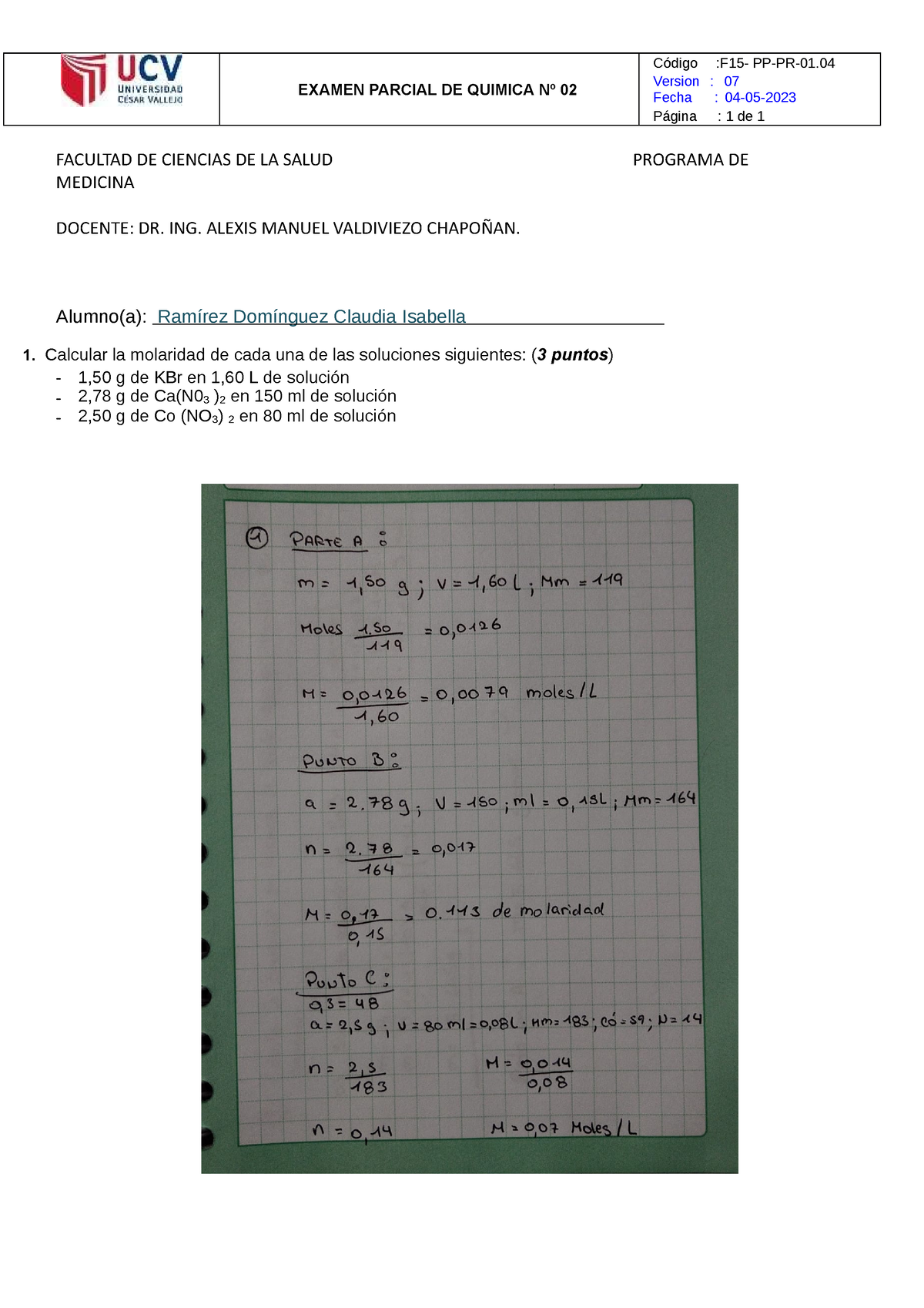 Examen Parcial Nº 02 - EXAMEN PARCIAL DE QUIMICA Nº 02 Código Version ...