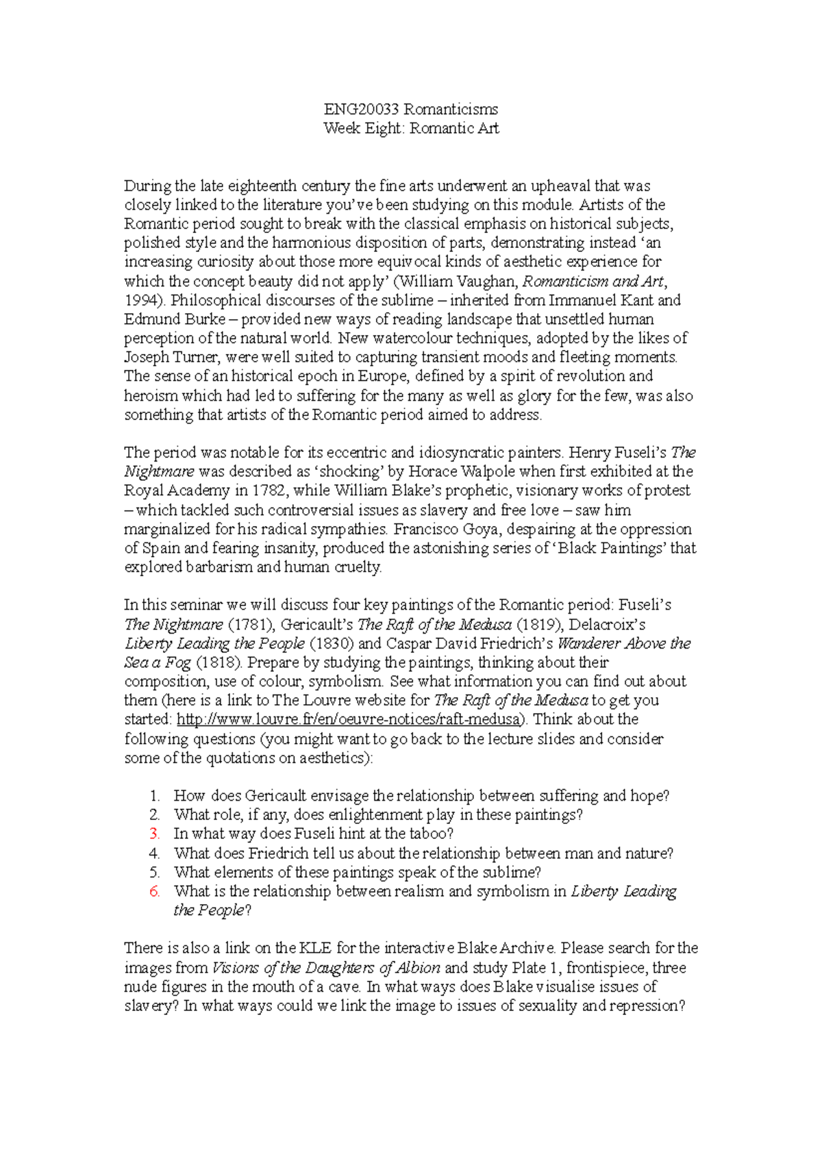 Week 8 - Romantic Art Worksheet - ENG20033 Romanticisms Week Eight ...