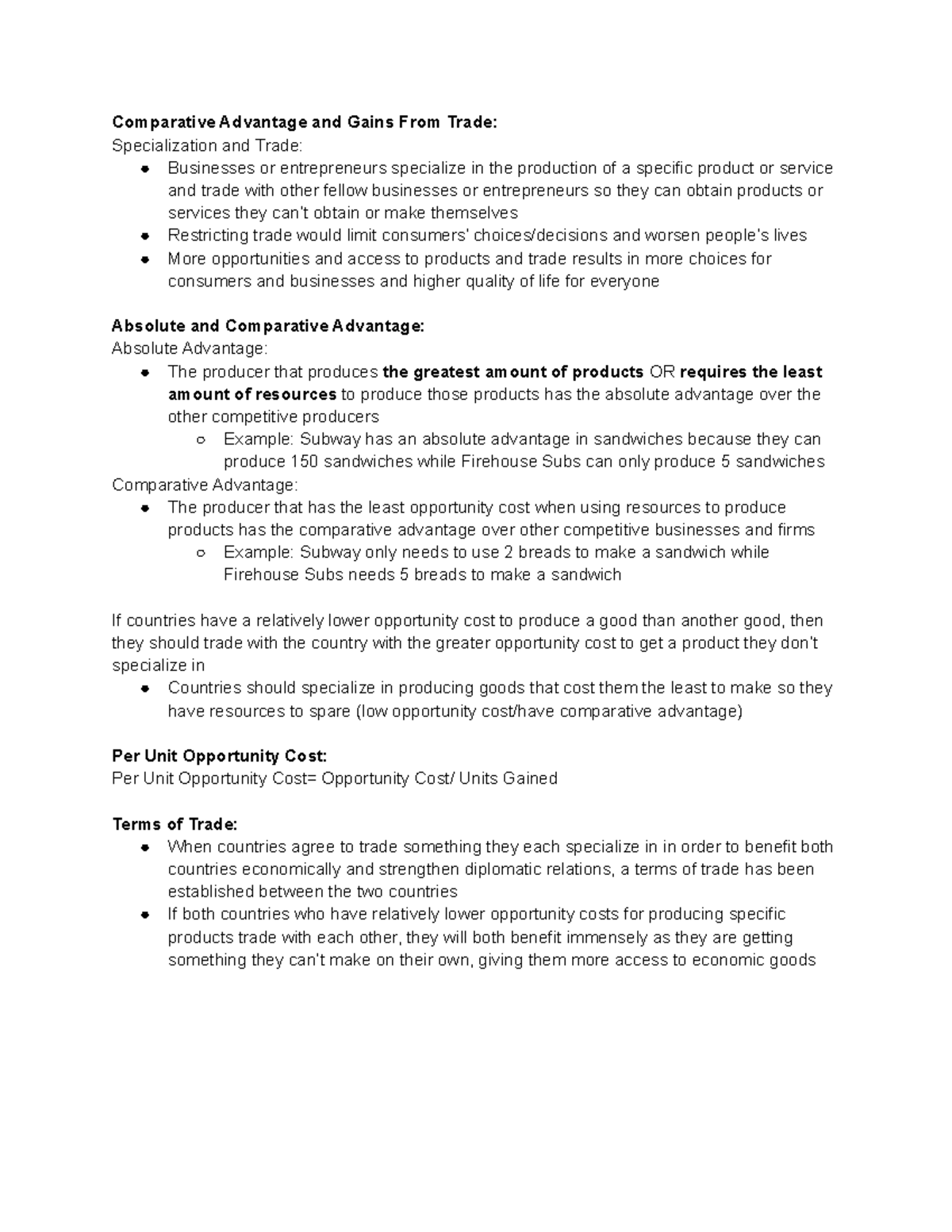 Ap Microeconomics Unit 1.4 Notes - Comparative Advantage And Gains From 