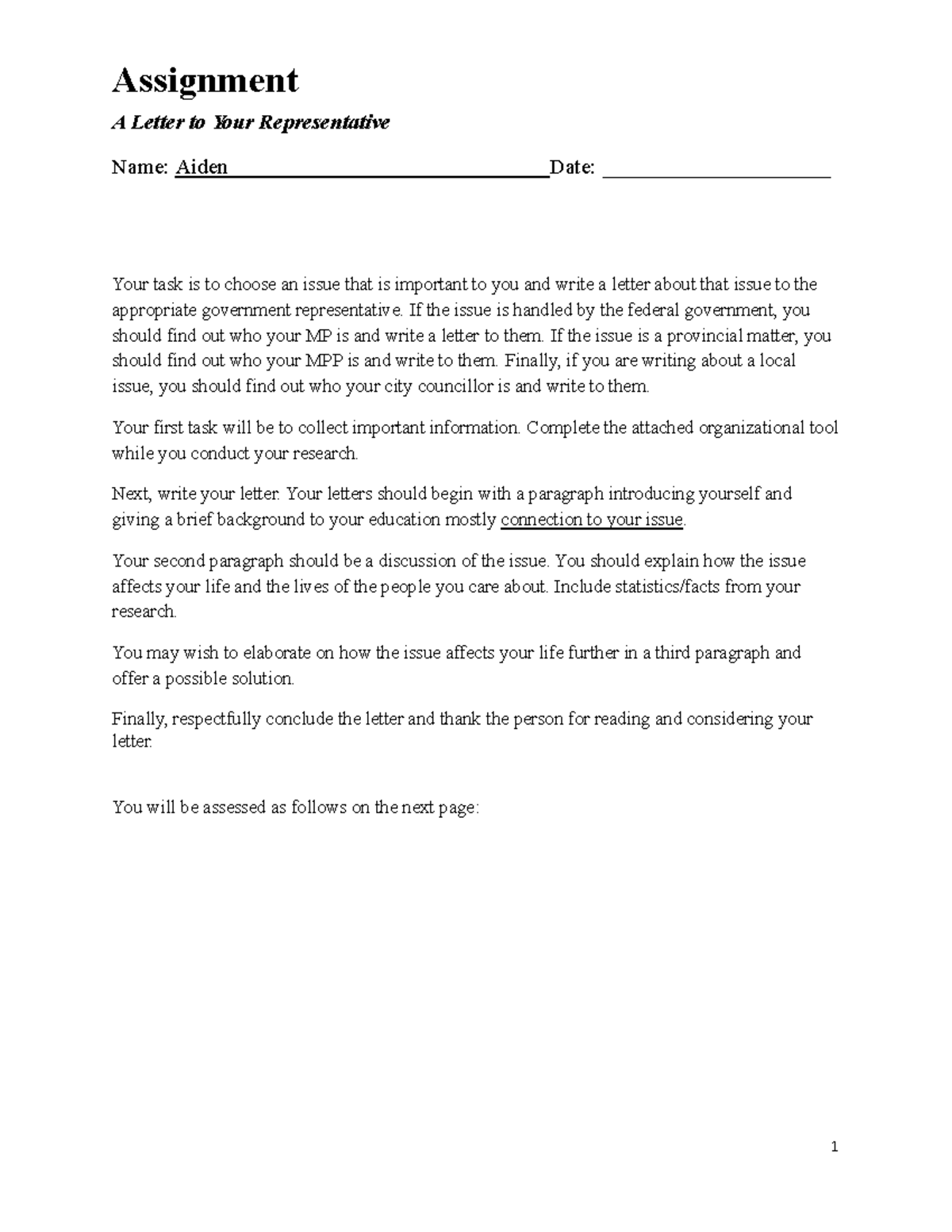 Copy of Assign 4- Letter to the Representative - Assignment A Letter to ...