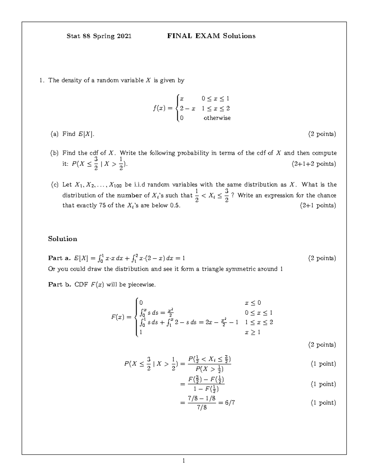 Sp21 final sol - stat - Stat 88 Spring 2021 FINAL EXAM Solutions The ...