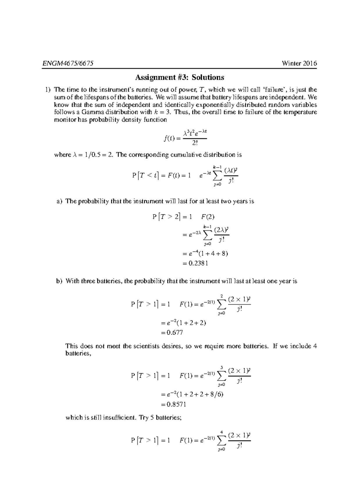 Soln3 - Assignment Asnwers - ENGM4675/6675 Winter 2016 Assignment #3 ...