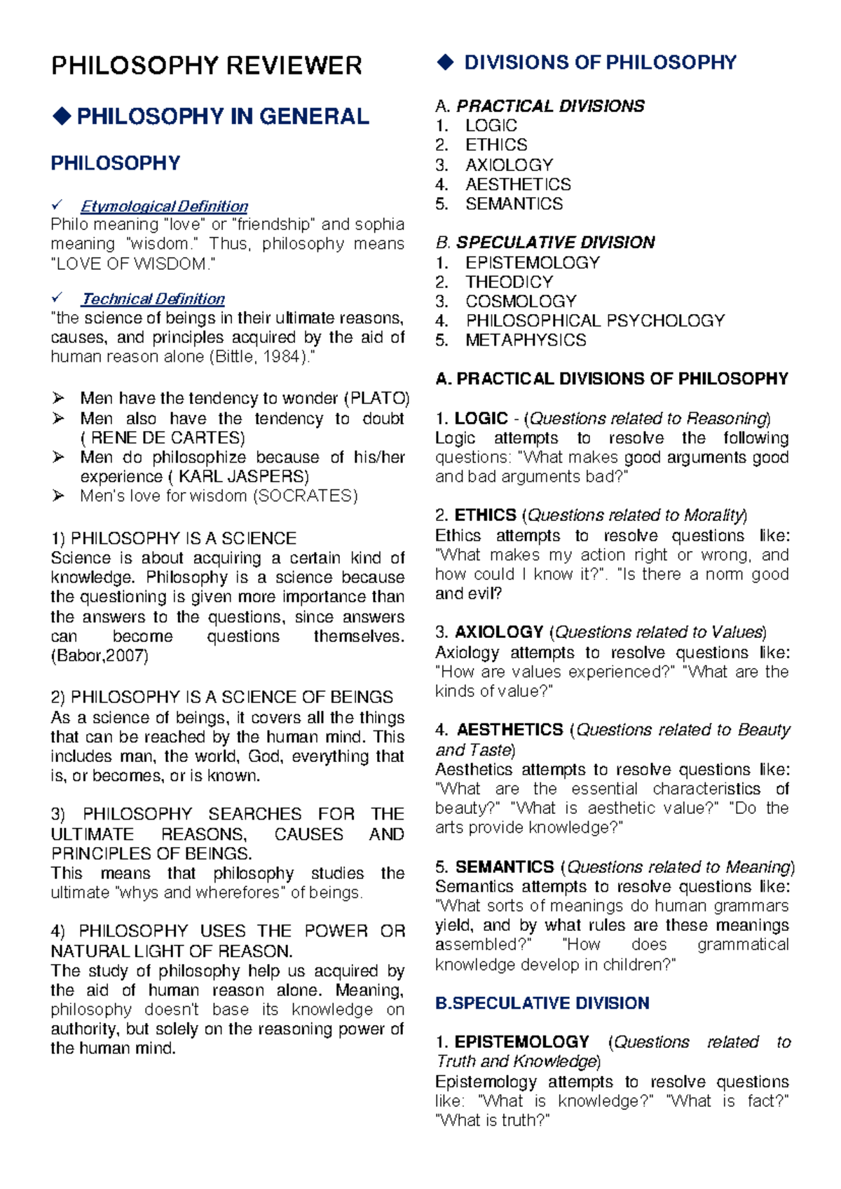 Philosophy- Reviewer - PHILOSOPHY REVIEWER PHILOSOPHY IN GENERAL ...