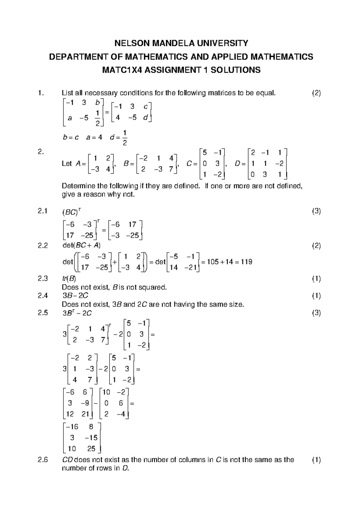 MATC1X4 Assignment 1 Memo - NELSON MANDELA UNIVERSITY DEPARTMENT OF ...