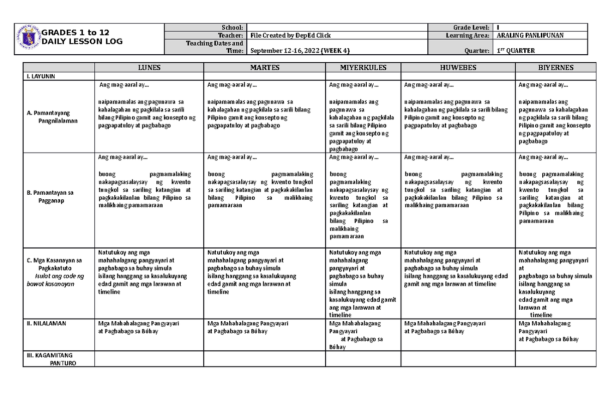 DLL Araling Panlipunan 1 Q1 W4 - GRADES 1 to 12 DAILY LESSON LOG School ...