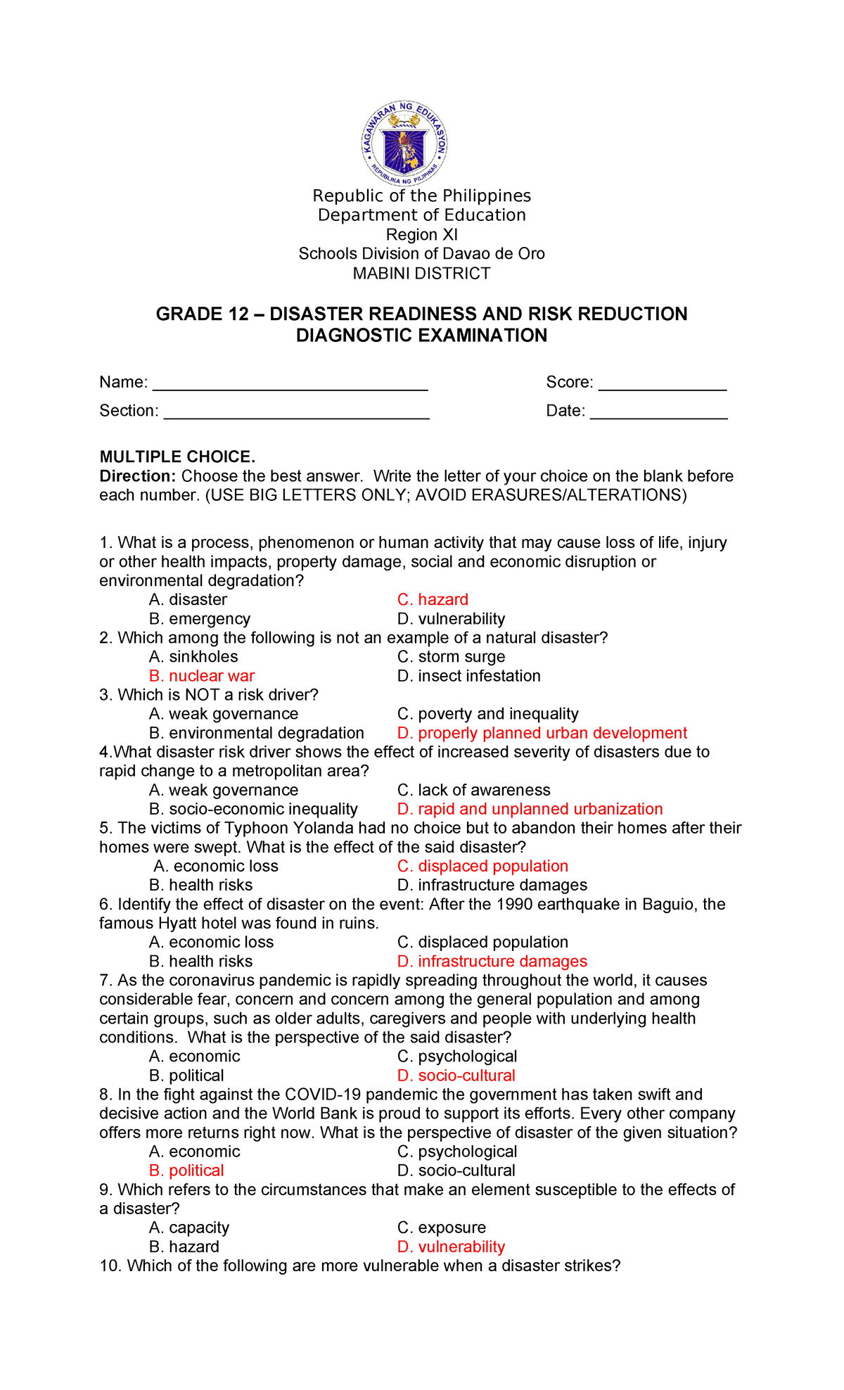 TQ-G12- Disaster Readiness AND RISK Reduction - Republic of the ...
