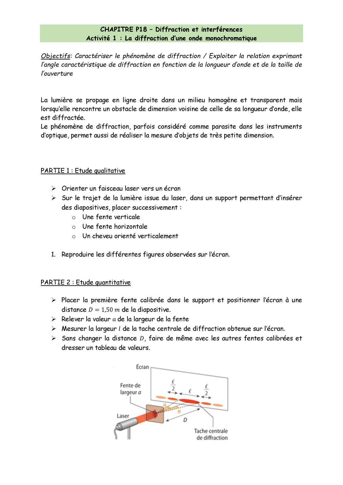 P Activit Diffraction Et Mesure Du Diam Tre D Un Cheveu