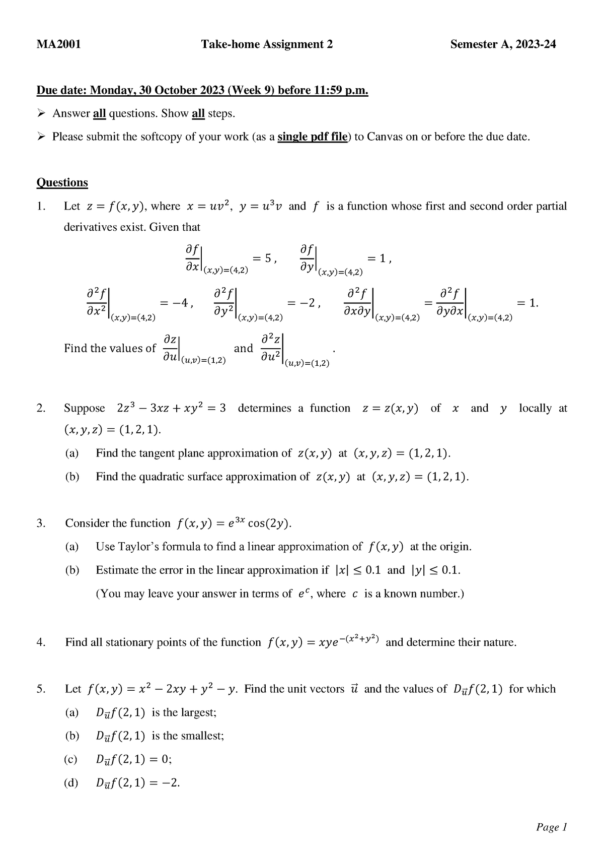 MA2001 2324A THAss 2 - Page 1 MA 2001 Take-home Assignment 2 Semester A ...