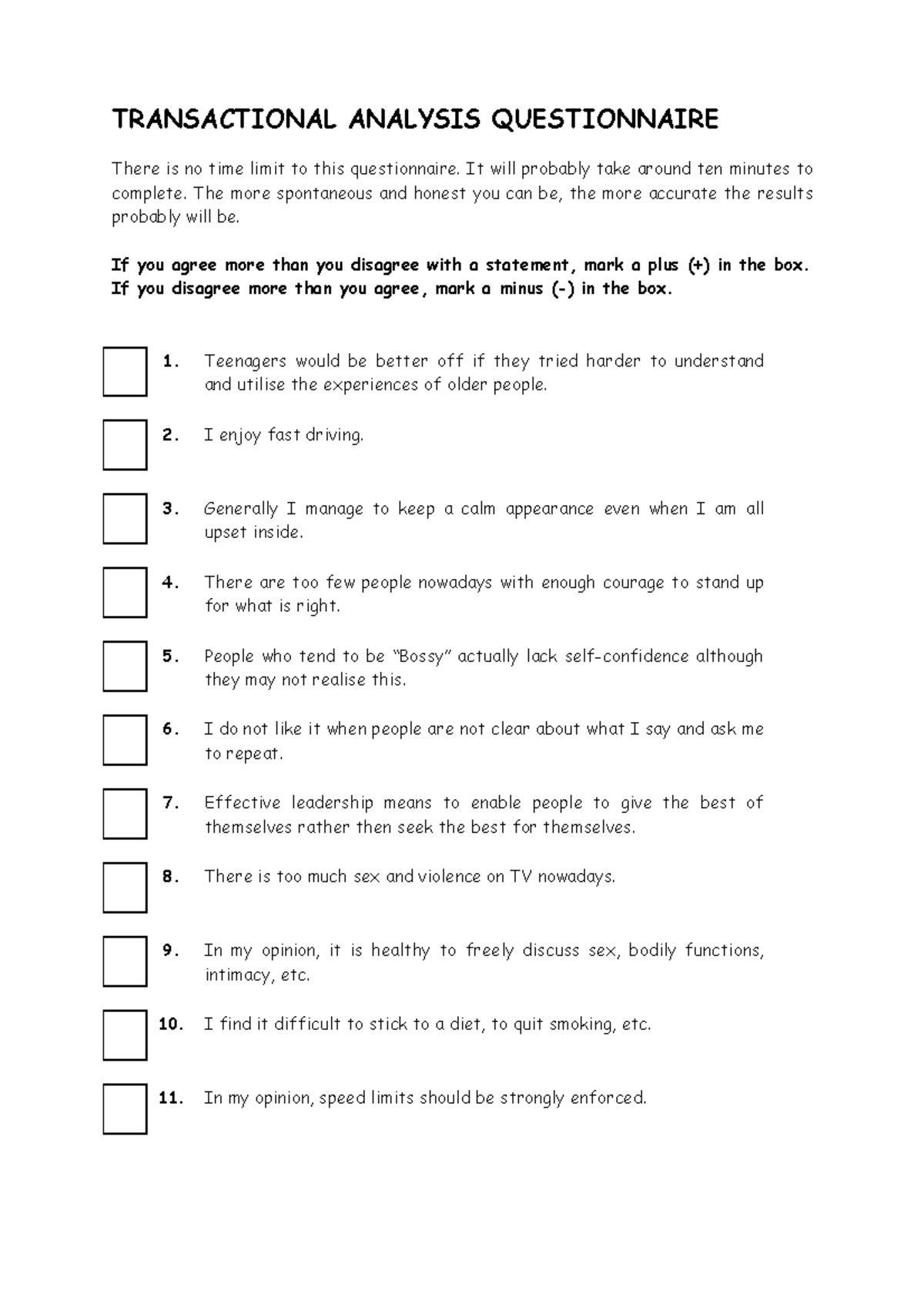 Transactional analysis questionnaire TRANSACTIONAL ANALYSIS