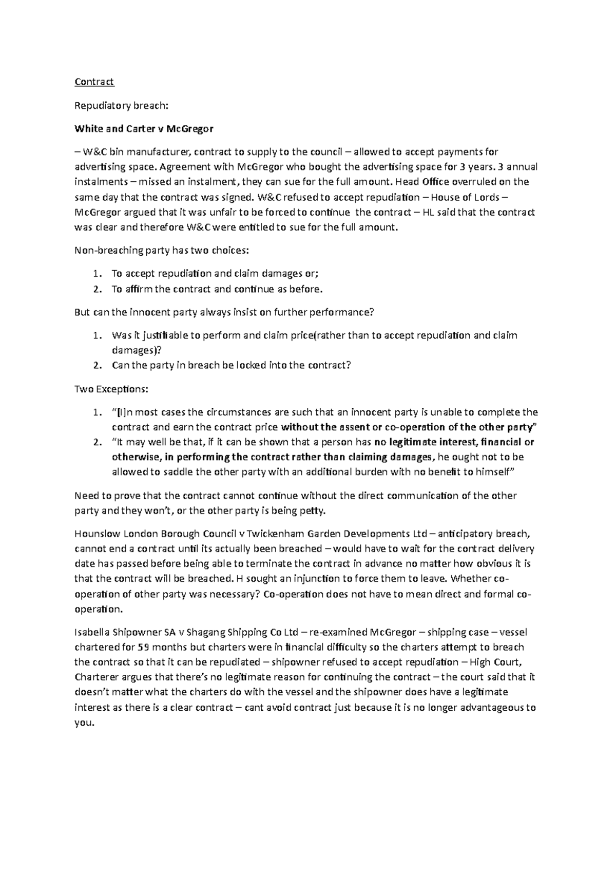 Contract - Lecture notes - Contract Repudiatory breach: White and ...