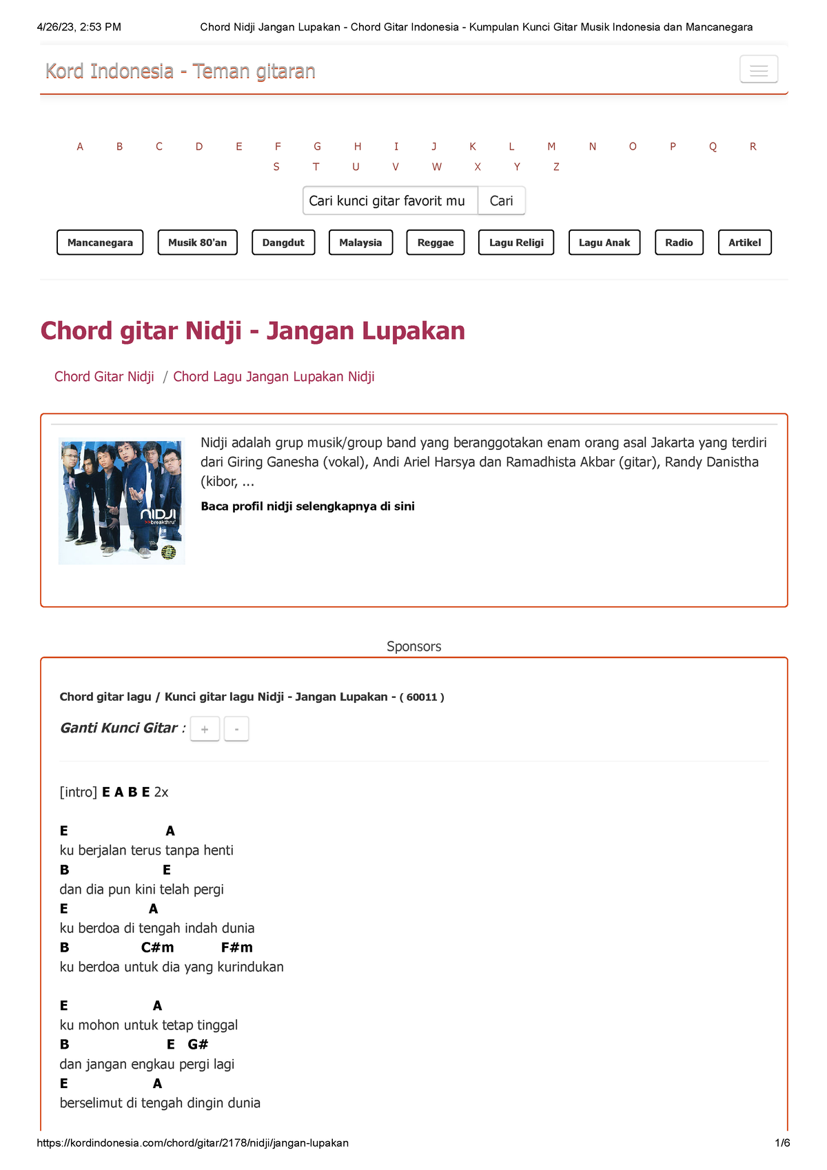 Chord Nidji Jangan Lupakan - Kord Indonesia - Teman GitaranKord ...