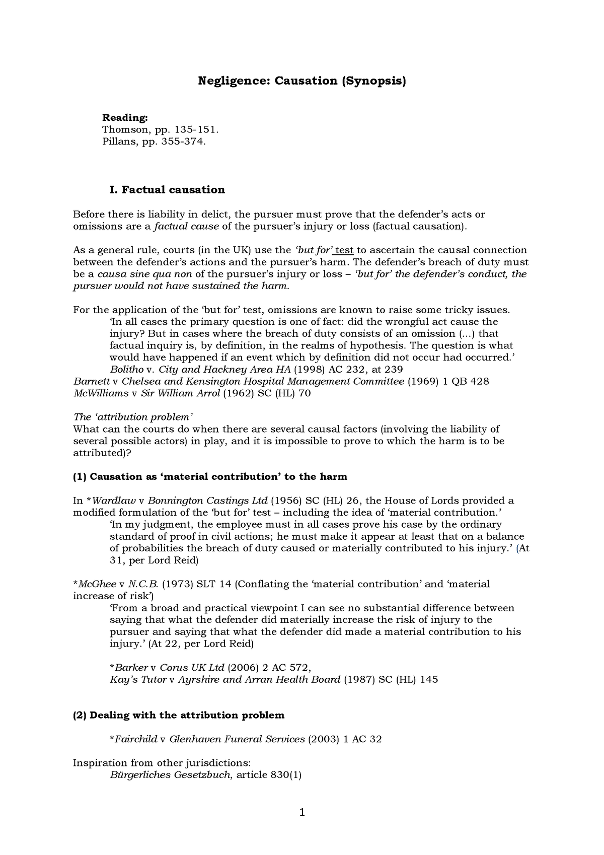 Negligence causation synopsis 1 2 1 Negligence Causation