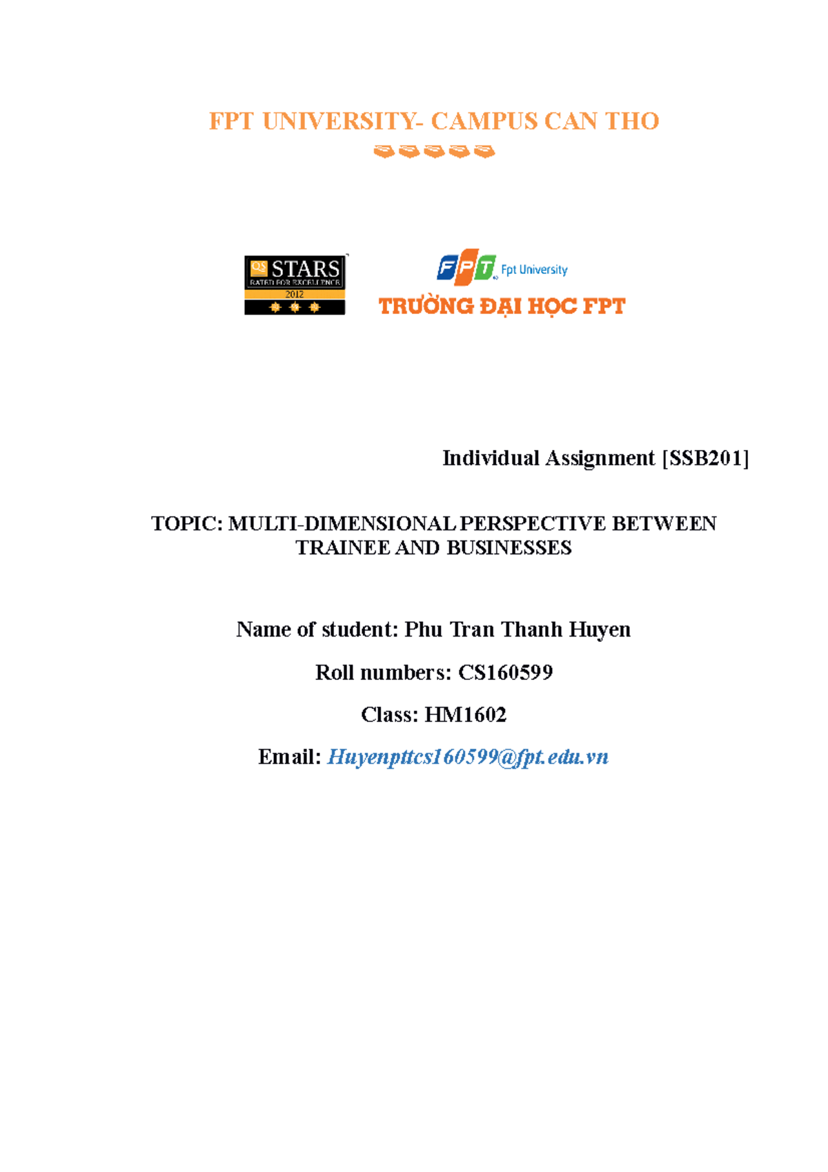 SSB201 - FPT UNIVERSITY- CAMPUS CAN THO Individual Assignment [SSB201 ...