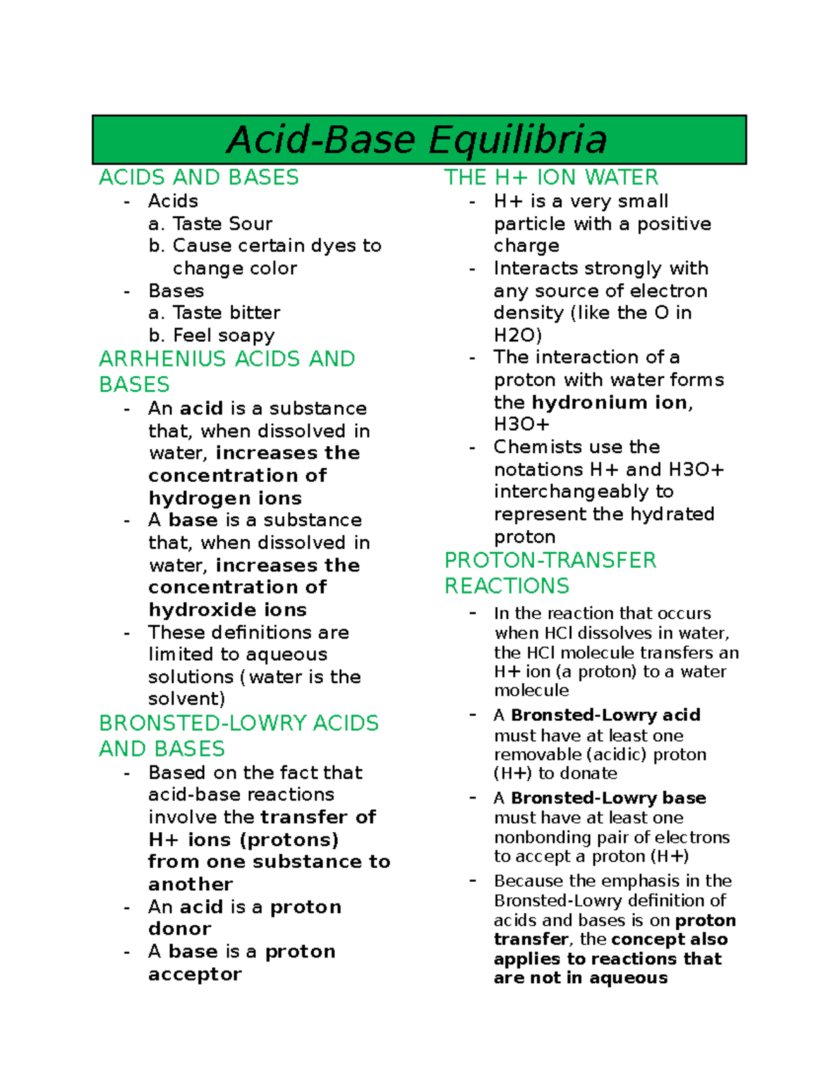 Acid-Base Equilibria Notes - Acid-Base Equilibria ACIDS AND BASES Acids ...