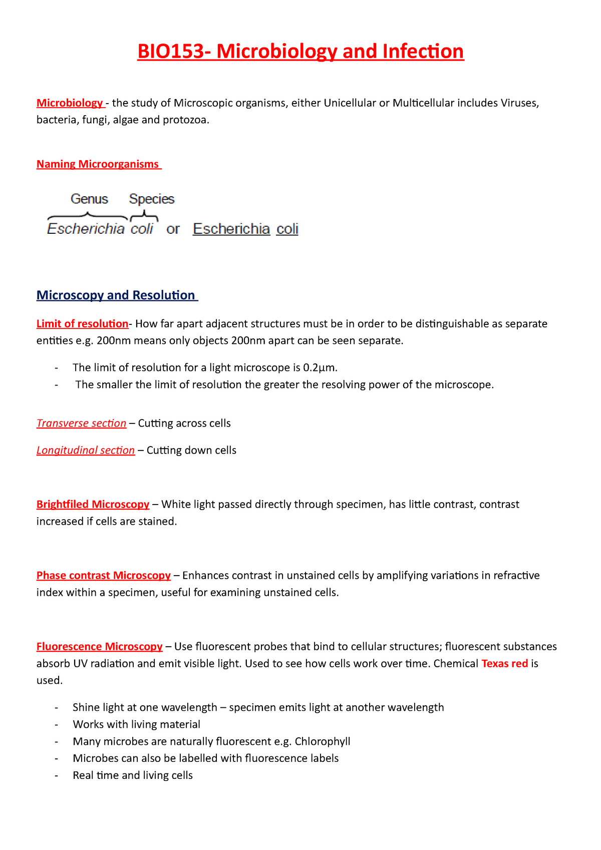 Bio153 Microbiology And Infection Revision Bio153 Microbiology And