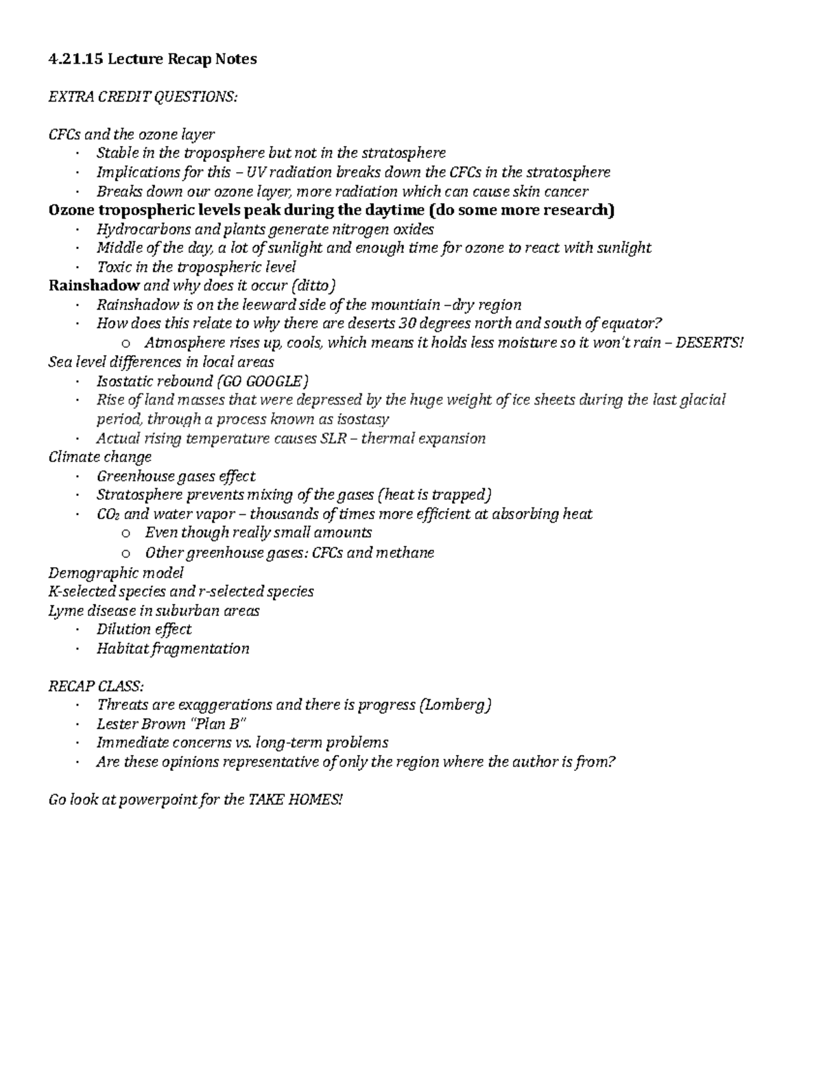 4.21.15 (lecture) Recap Notes - 4.21 Lecture Recap Notes EXTRA CREDIT ...
