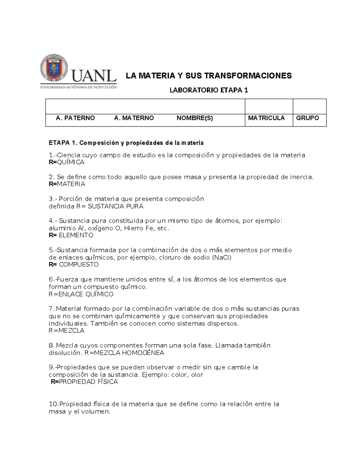 Laboratorio de repaso Etapa 1 Lmyst - LA MATERIA Y SUS TRANSFORMACIONES ...