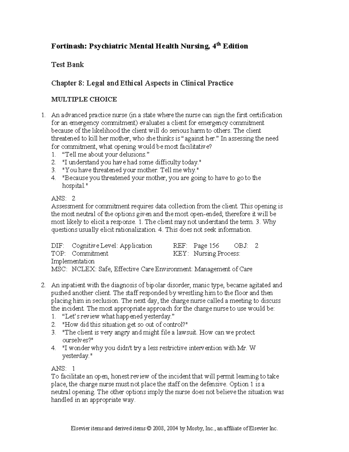 Chapter 008Fortinash: Psychiatric Mental Health Nursing, 4th Edition ...