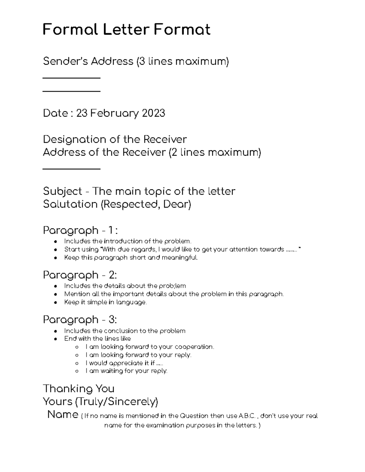 Formal Letter Format Formal Letter Format Sender s Address 3 Lines 