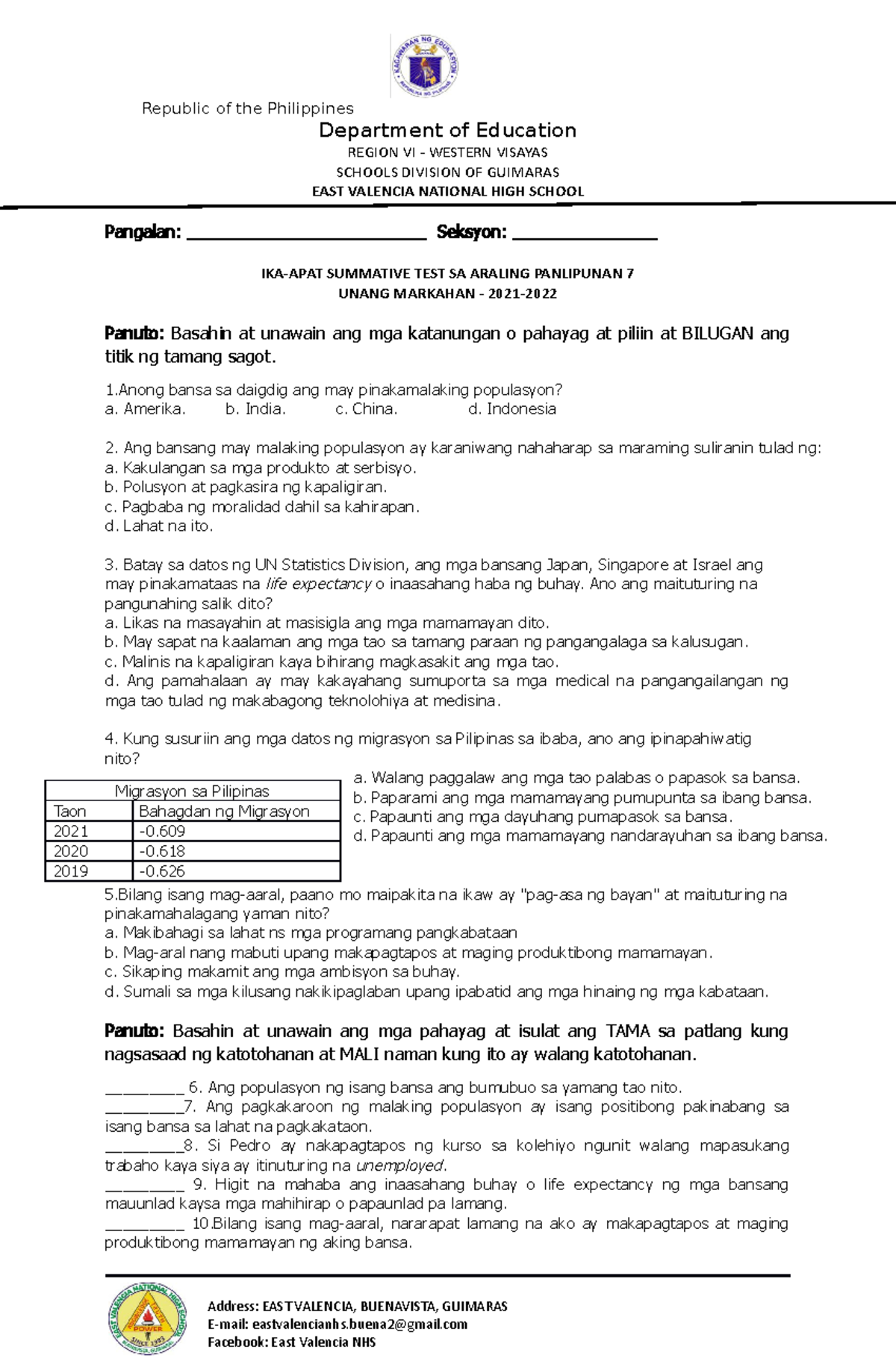 Aral Pan 7 Fourth Summative Test 1st Quarter Republic Of The Philippines Department Of 8092