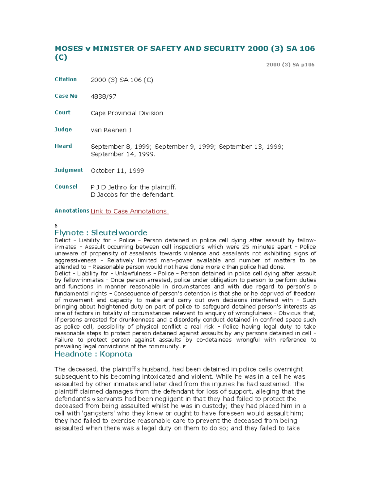 Moses v Min S S case law MOSES v MINISTER OF SAFETY AND SECURITY