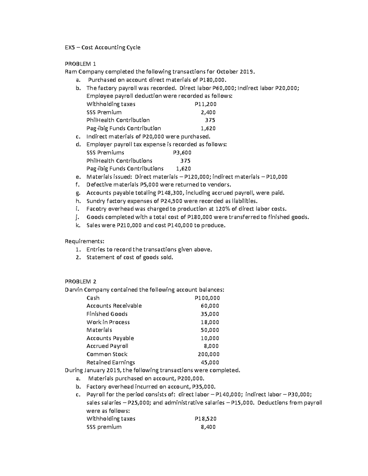 Toaz Guide for cost EX5 Cost Accounting Cycle PROBLEM 1 Ram