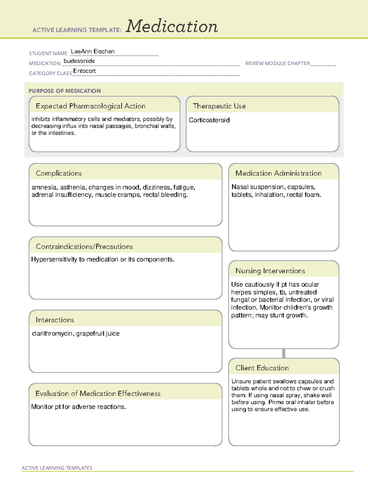 Budesonide Medication Sheet Template ATI ACTIVE LEARNING TEMPLATES