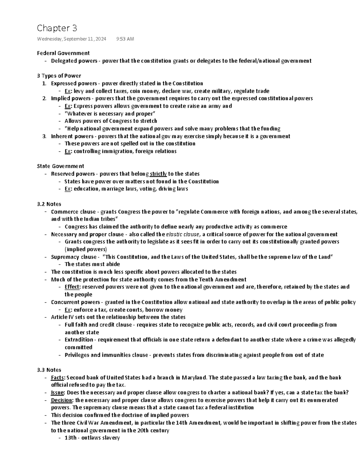 GOV Notes - Federal Government - Delegated powers - power that the ...