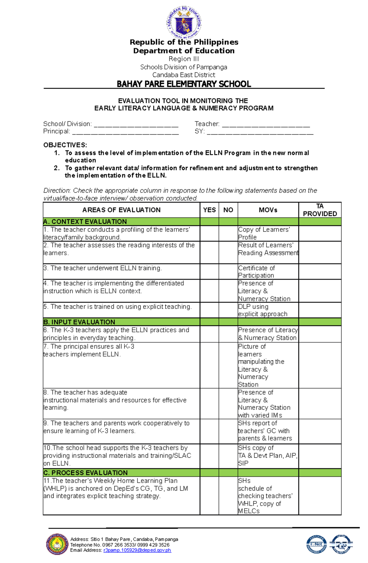 ELLN MonitoringTOOL Republic of the Philippines Department of