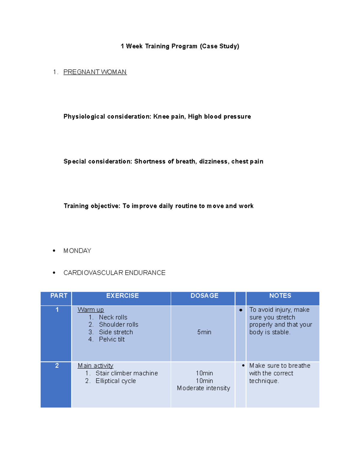 Training Program (Case Study) PREGNANT WOMAN Physiological
