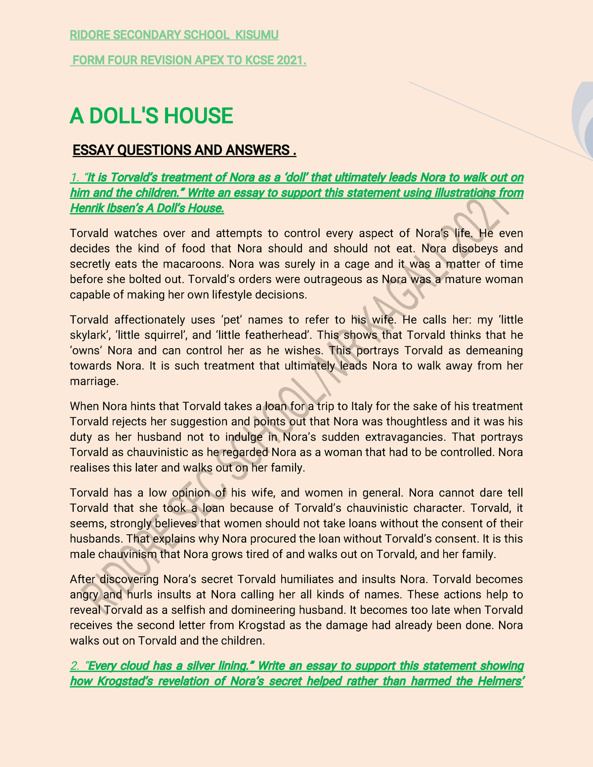 A Dolls HOUS KCSE Essay 2021 Ridore - FORM FOUR REVISION APEX TO KCSE ...