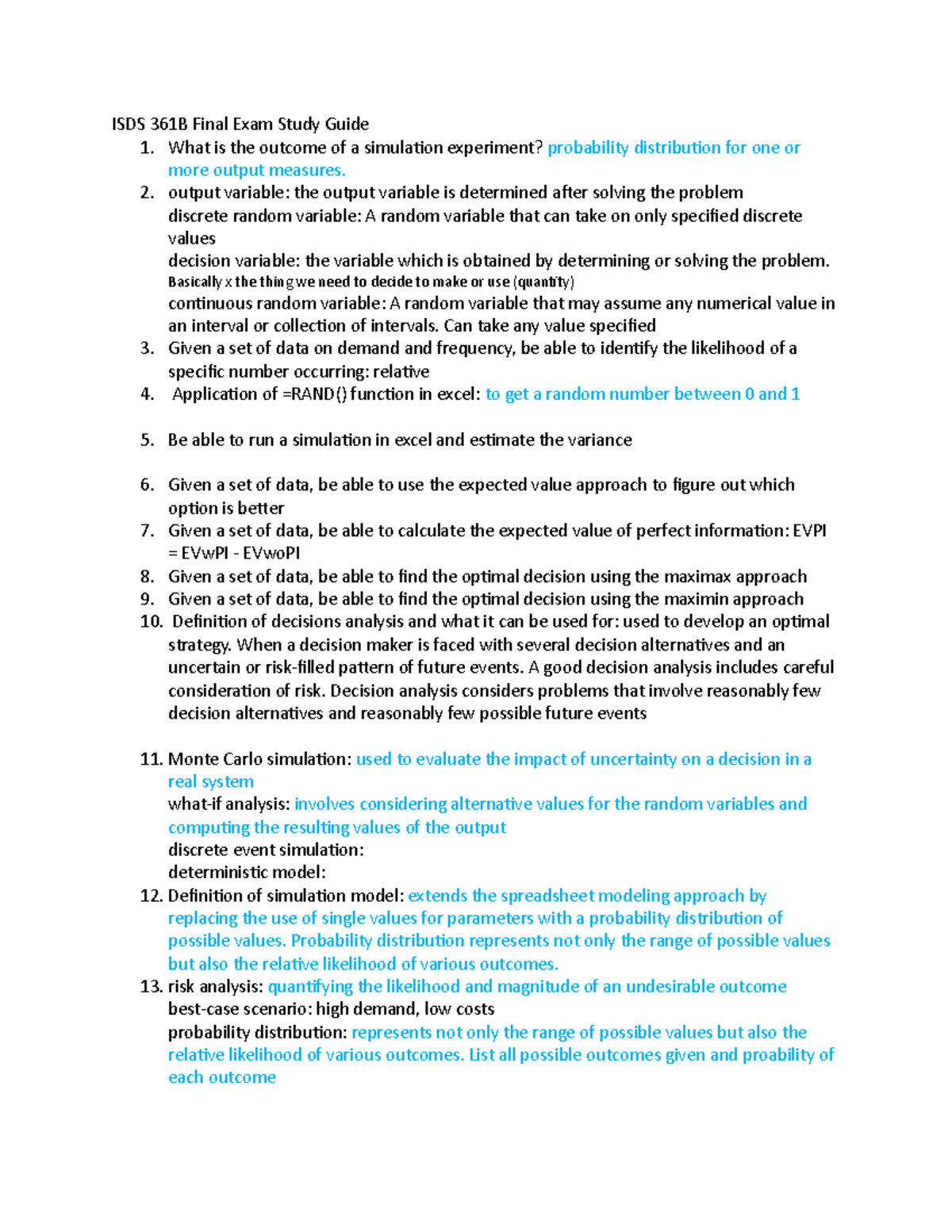 ISDS 361B Final Exam Study Guide - What Is The Outcome Of A Simulation ...