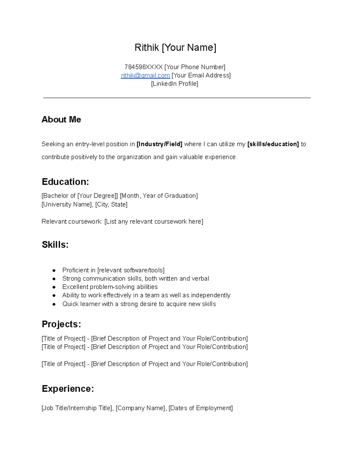 Fresher'S Resume - Wants notes - Rithik [Your Name] 784596XXXX [Your ...