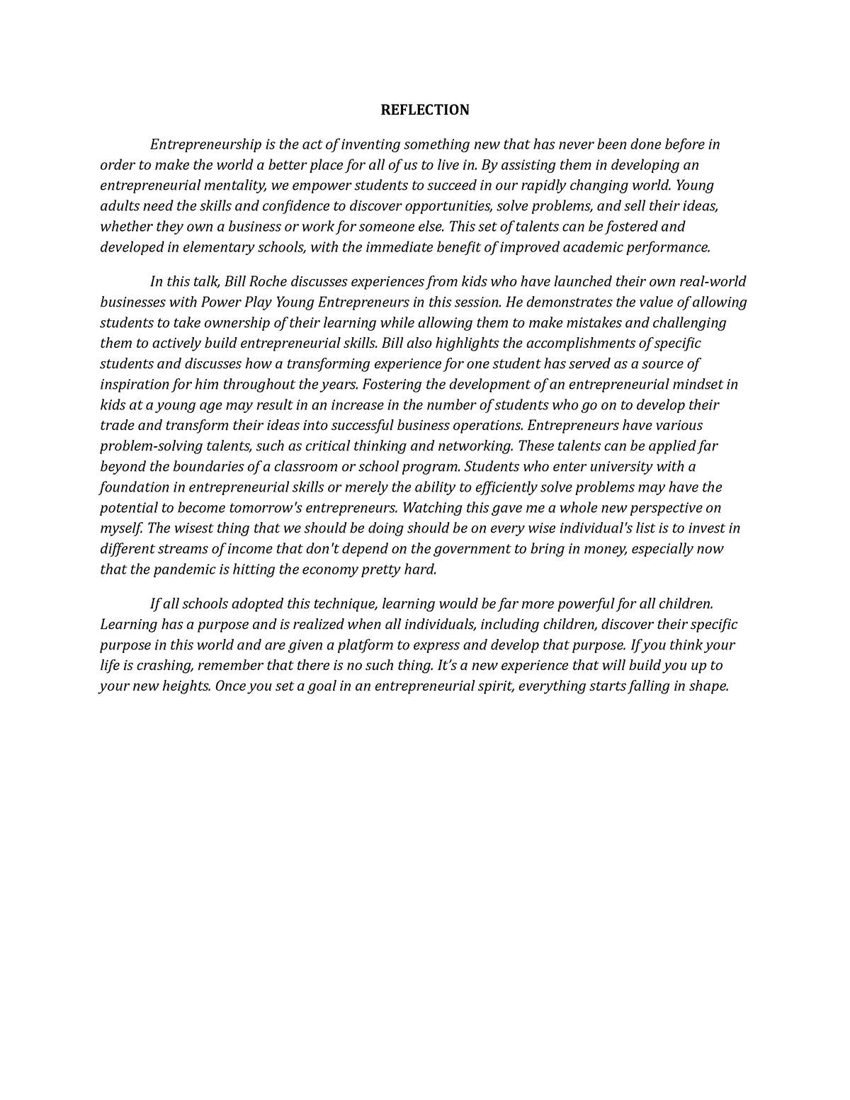 reflection essay about entrepreneurship