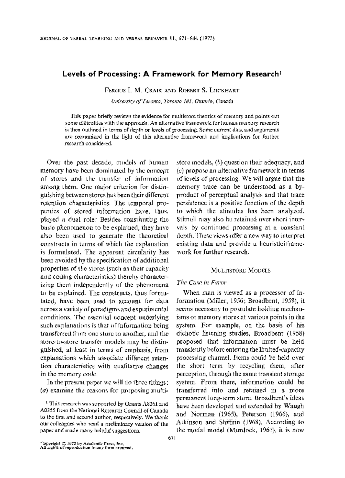 Craik, F. I. M. y Lockhart, R. S. (1972). Levels of