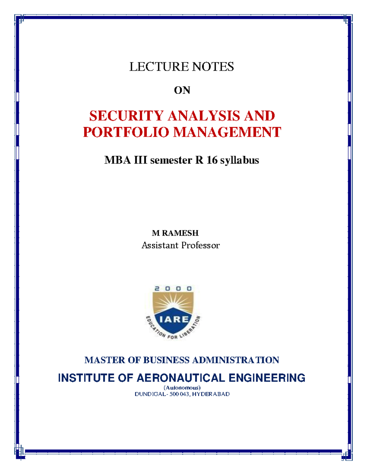 SAPM Notes - Different Source - LECTURE NOTES ON SECURITY ANALYSIS AND ...