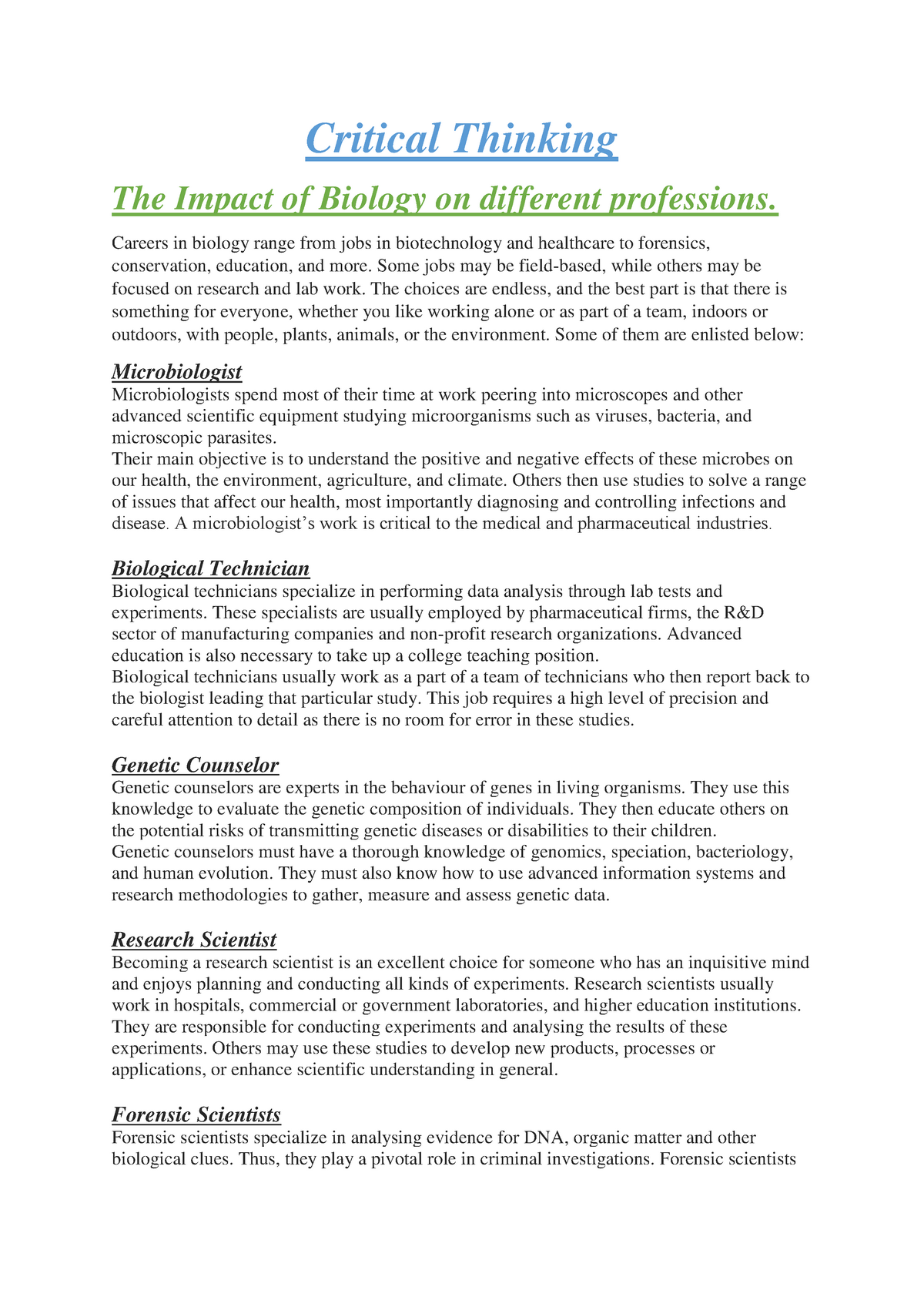 definition of critical thinking in biology