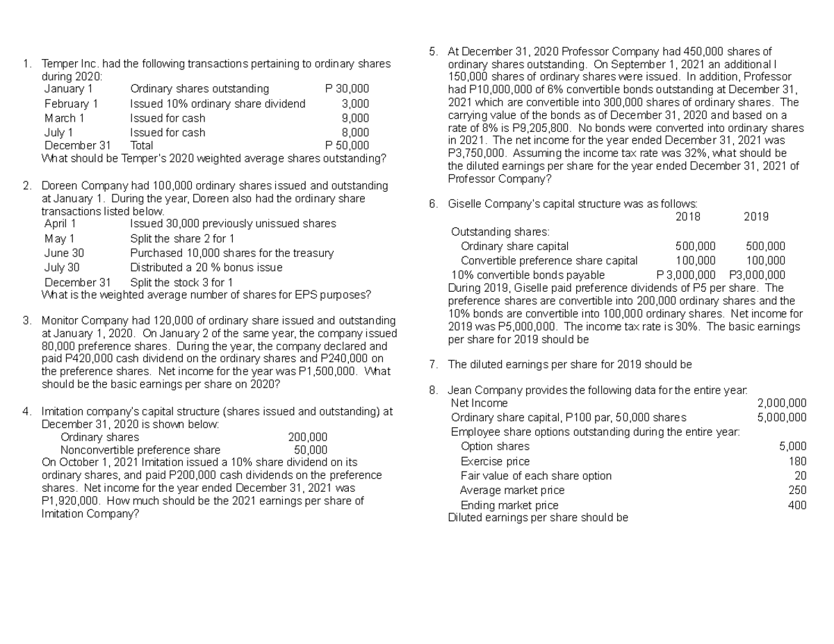 W6 AS4 - EPS and DEP - Exercises on EPS - Temper Inc. had the following ...