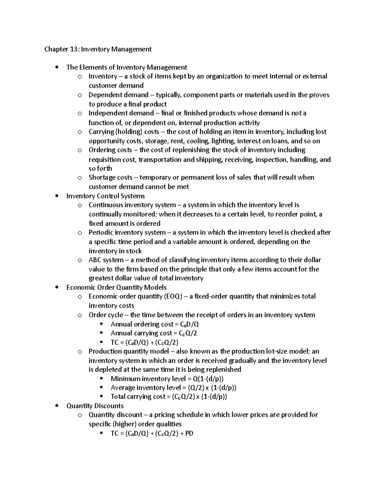 Chapter 13 Inventory Management , daily) L = lead time o Stockout