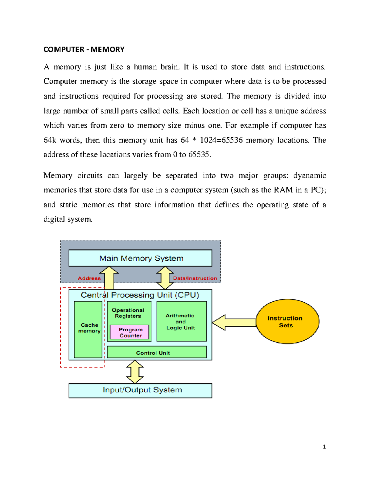 Lucas Basic Memory Concepts - COMPUTER - MEMORY A memory is just like a ...